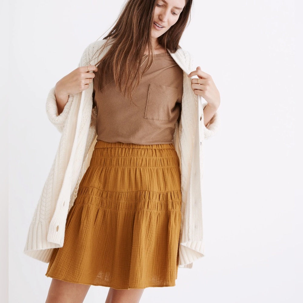 Madewell Mustard Yellow Tiered Double-Gauze Smocked Mini Skirt, Small